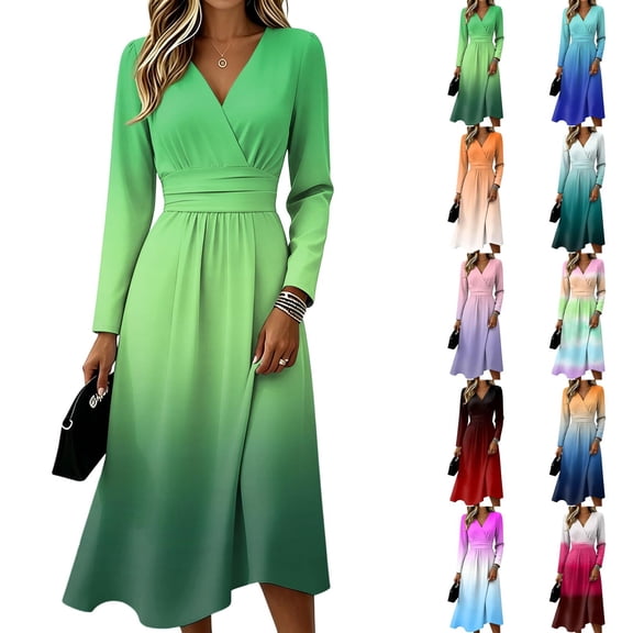 Women's Fall Boho Maxi Dress Spring Fall Plus Size V Neck Flowy a Line Dress High Waist A-Line Swing Sundress