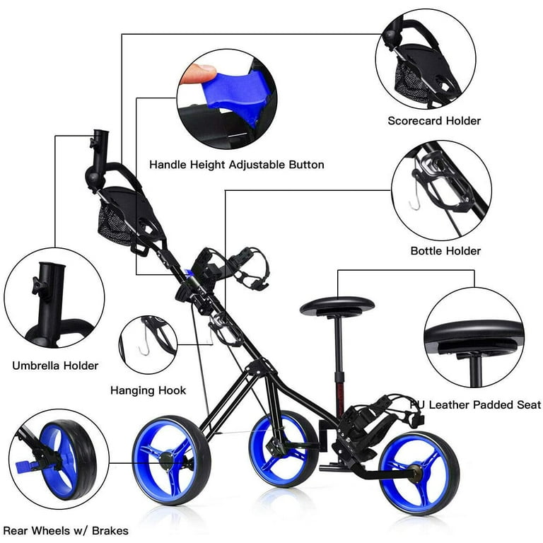 VPABES 3 Wheel Push Pull Golf Cart Lightweight Folding Golf Carts for Adult  Golf Bag Holder Cart, 44Lbs Max Weight Capacity