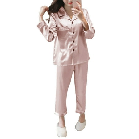 

YMH 2Pcs Women Autumn Solid Color Imitation Silk Long Sleeve Shirt Pants Pajama Set