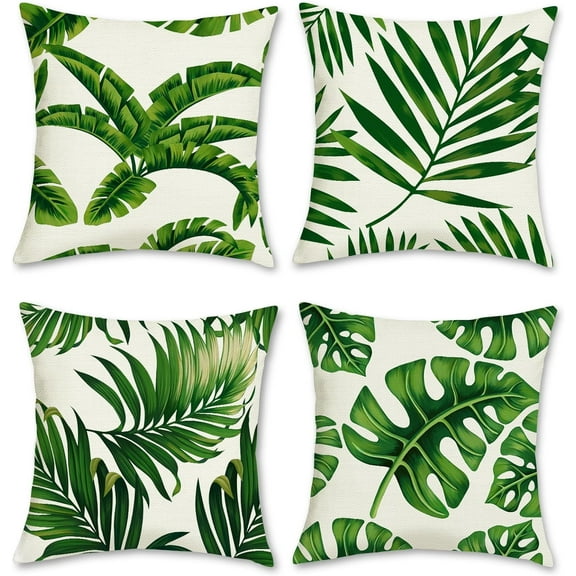 Tropical Leaves Throw Pillow Covers 18 x 18 Inch Set of 4 Green Palm Leaf Decorative Pillow Cases Polyester Linen Outdoor Cushion Covers for Sofa Couch Garden Home Decor