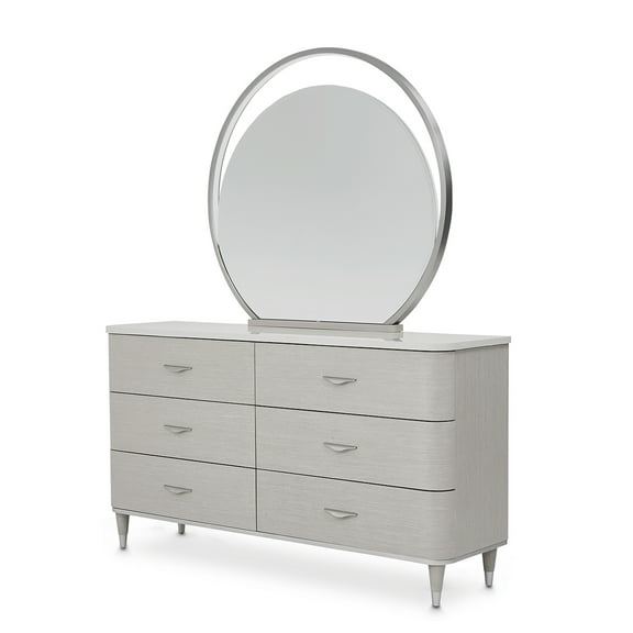 Michael Amini Eclipse Wood & Marble Dresser with Mirror Set in Moonlight Gray