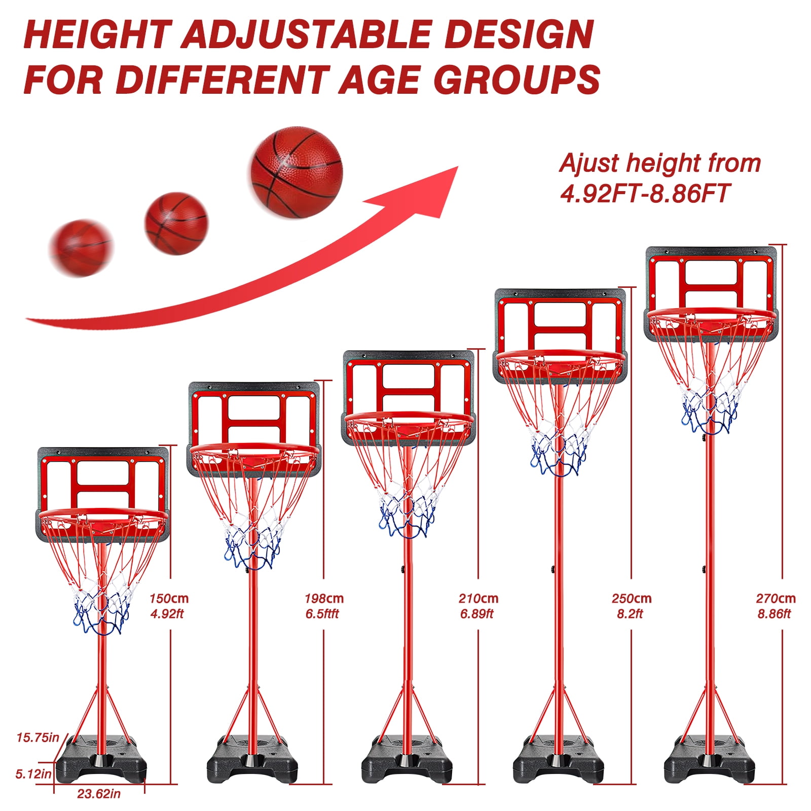2 In 1 8.86FT Basketball Hoop Stand for Kids Youth and Adults, Indoor Outdoor Basketball Goal System with Fillable Base, 3 Balls, Adjustable Height Backyard Sport Game Gifts Toys
