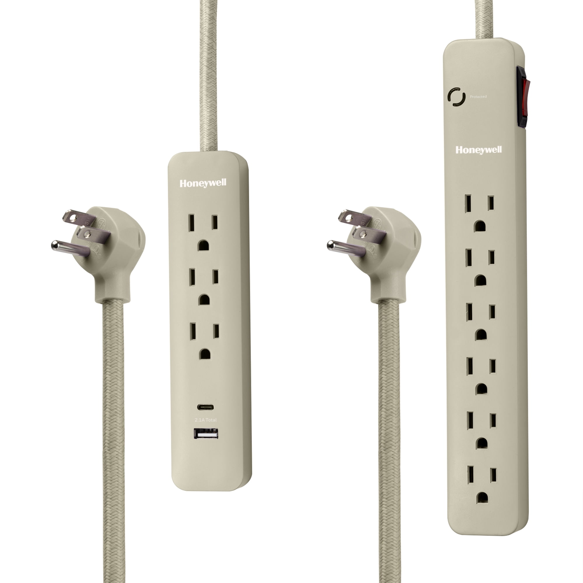2-in-1 Pack Power Strips with Taupe Finish - 9 Outlets & USB Ports