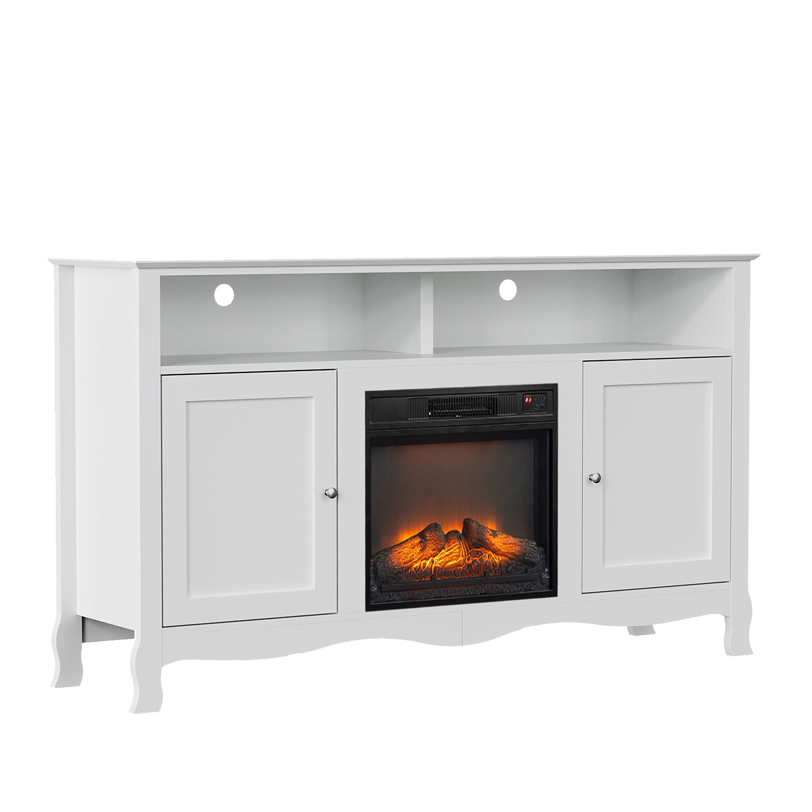Ktaxon Modern Fireplace TV Stand, White Entertainment Center Curved Design Leg with 2 Doors for 55/60/65" TVs, White