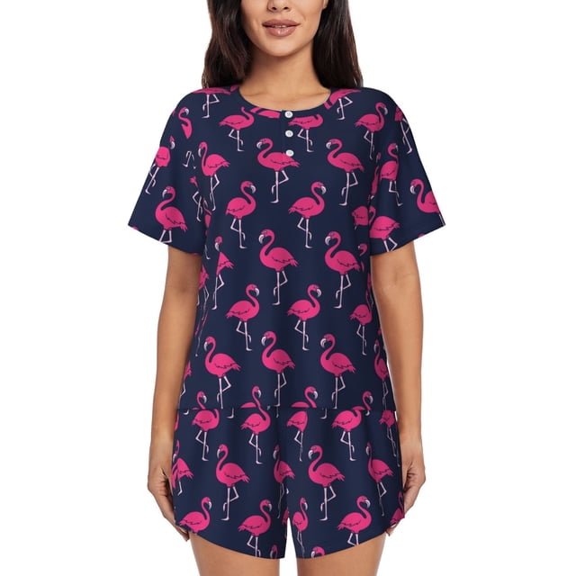 Xecao Cute Flamingo Pattern Women's Short Sleeve Pajama Set Soft Sleepwear Lounge Set with Button Front Top and Drawstring Shorts with Pockets-3X-Large
