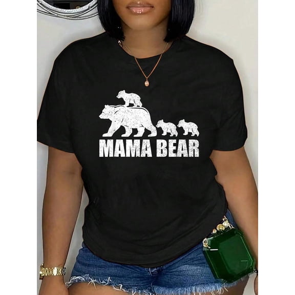 Cotton Mama Bear 3 Cubs Shirt Mama Bear Tshirt Mom 3 Kid T-Shirt Women's Graphic Tee Casual Tops