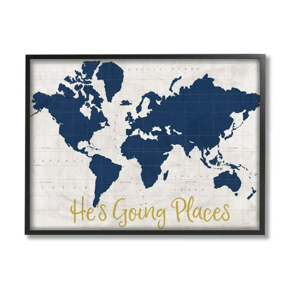 Stupell Industries He's Going Places Phrase Blue World Map Design by Sue Schlabach