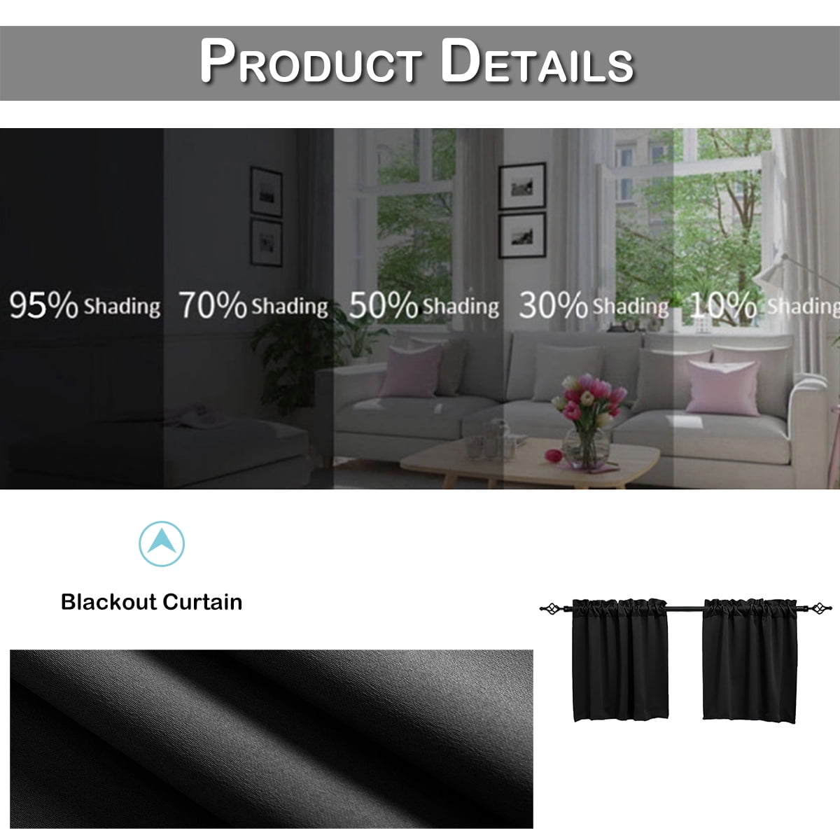 DONGPAI 2 Panels Blackout Kitchen Curtains, Rod Pocket 24 inch Short Curtains Cafe Curtains Bathroom Window Curtains, Black