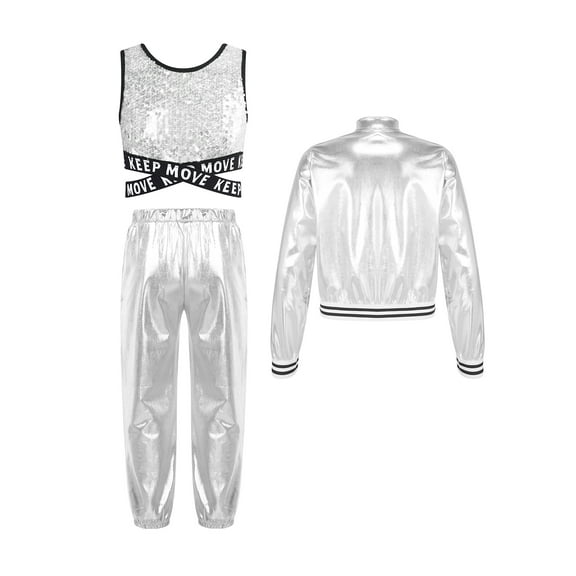 renvena Kids Girls Hip Hop Street Dance Performance Costume Sequins Crop Top Long Sleeve Bomber Silver 10