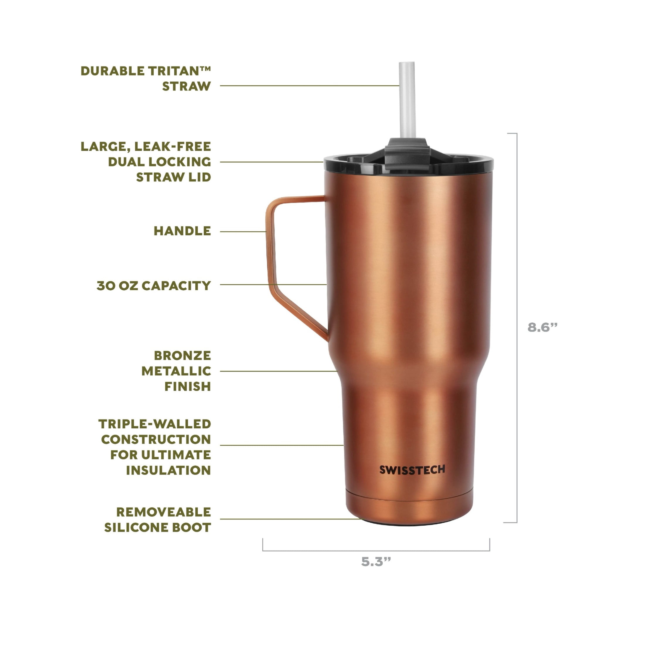 Swiss Tech Becher Bronze 30oz Water Bottle with Handle, Triple