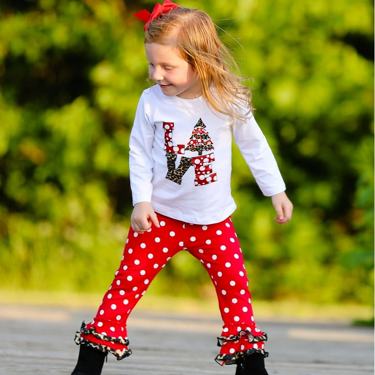 AL Limited Girls LOVE Christmas Top Red Polka Dot Ruffle Pants Set