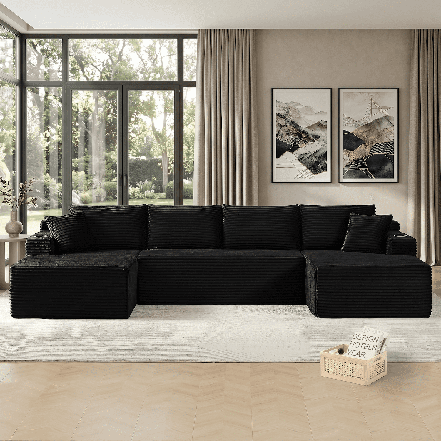 Xiweot Cloud Couch Modular Sectional Sofa for Living Room, 134" Oversized U Shaped Boneless Couch with Cup Holder & Storage Pocket, Corduroy Comfy Upholstered Deep Seat Sofa for Apartment, Black