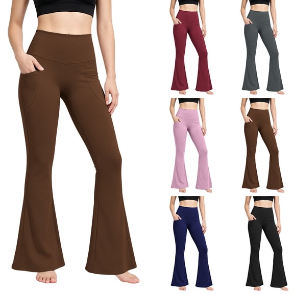 Yoga Pants Zaewscy Ladies High Waisted Elastic Yoga Pocket Flared Exercise And Fitness Training Wide Leg Flared Pants Brown S