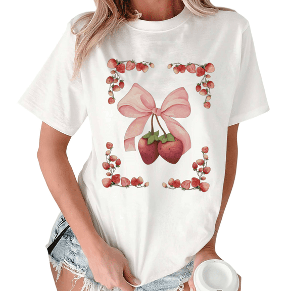 White Print Tshirt Graphic Tees Shirts S-5XL Pink Bow Strawberry Print Soft Sweet Casual Trendy Tops