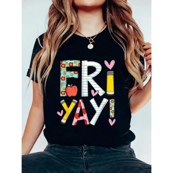Fri-Yay! Women's Fun Friday Teacher T-Shirt – Colorful Letter Print with Floral & Elements, Summer 100%Cotton T-shirt Teacher Gift