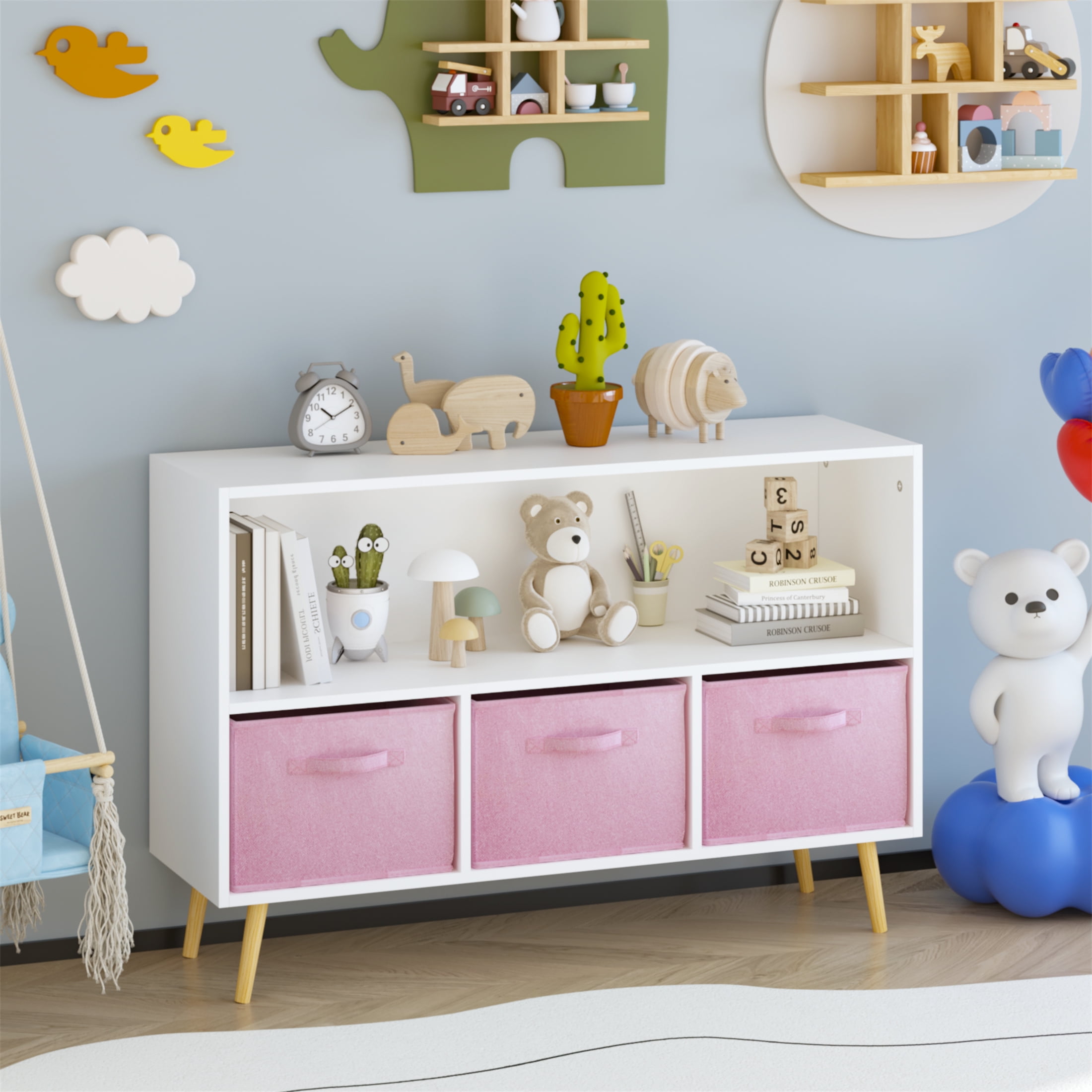 White and Pink Kids Bookcase with 3 Fabric Drawers, 6-Cube Toy Storage Organizer with Wall Anchor, 20-Gallon Capacity Children's Bookshelf for Nursery, 23.6 Inches High