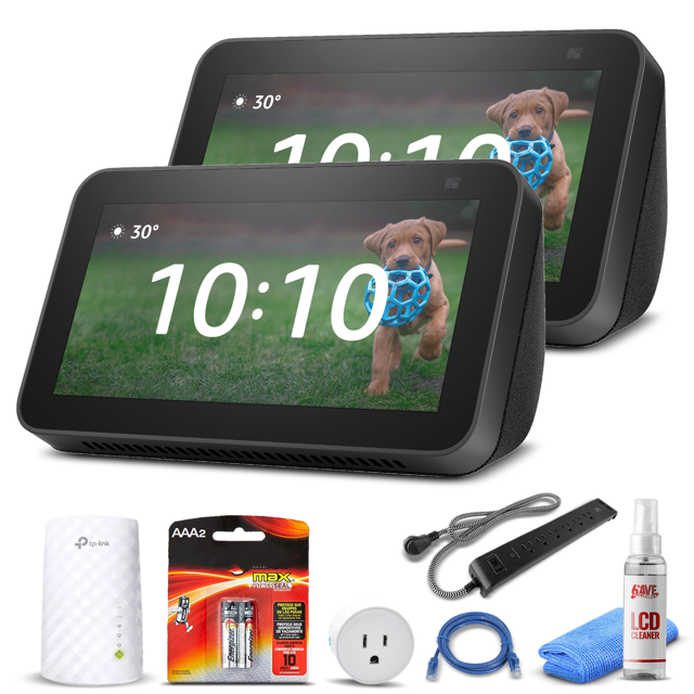 (2) Echo Show 5 (Segunda Generación, Versión 2021): Carbón + Enchufe Inteligente WiFi + Cable Ethernet + 2 Pilas AAA + Extensor WiFi + Protector contra Sobretensiones + Limpiador de Pantalla LCD