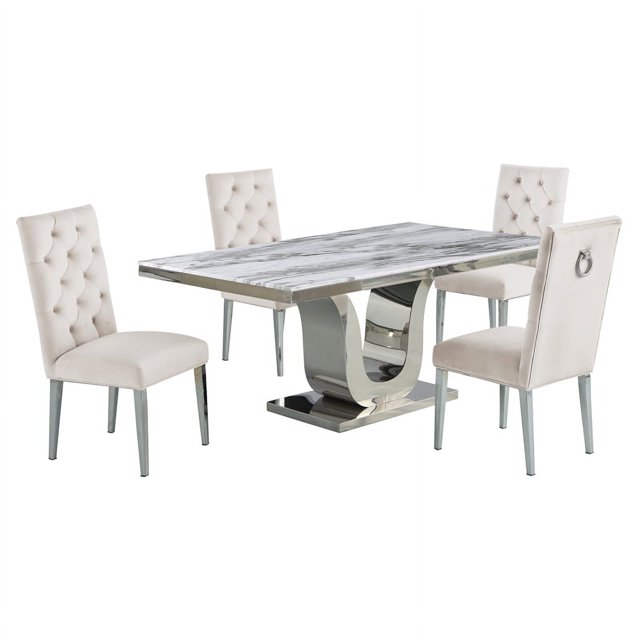 White Marble 5 piece Dining Set with Silver Stainless Steel Base