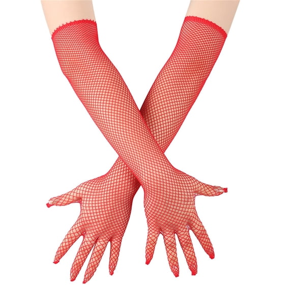 JFGHDG Long Fishnet Mesh Gloves, Stretchy Sheer Net Full‑Finger Long Sleeve Gloves for Party Costume Evening Dress Accessory Red One Size