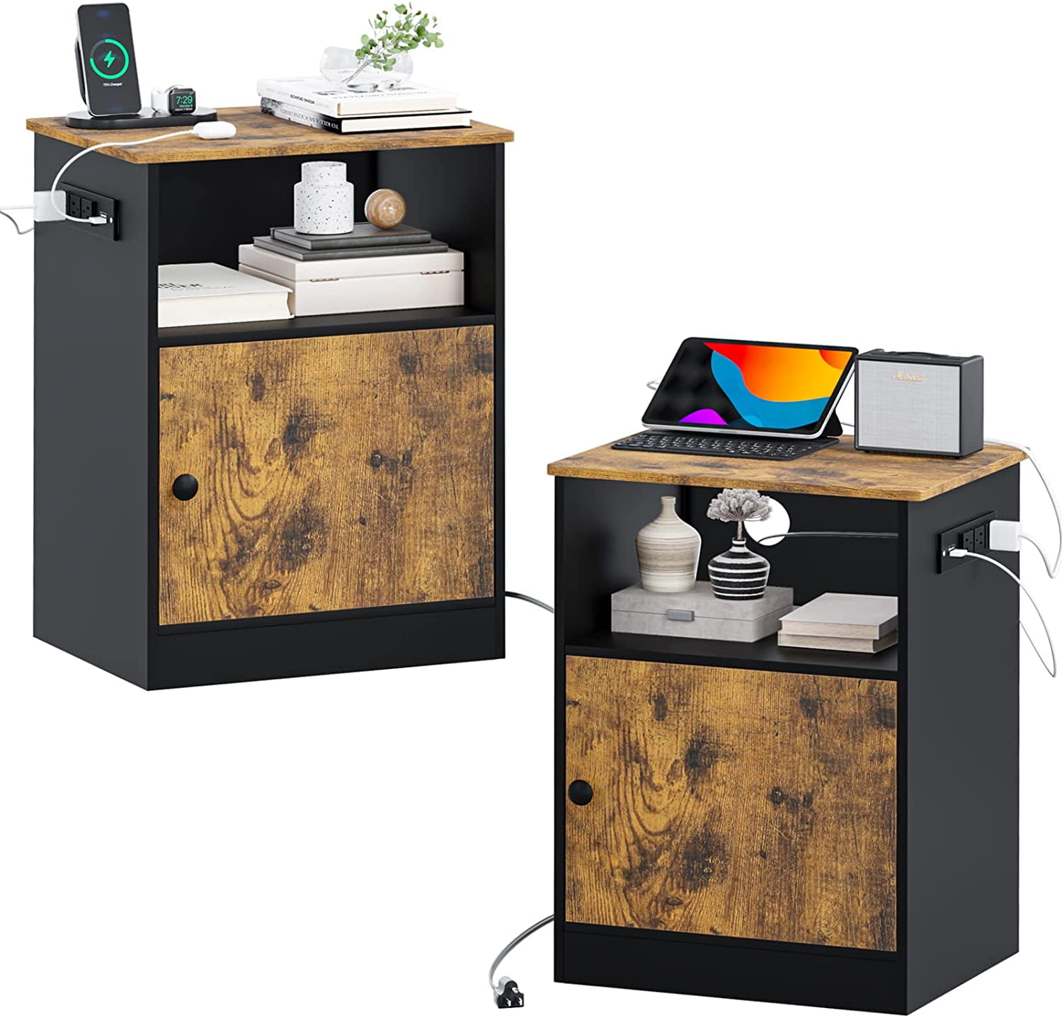 Set of 2 Nightstand with Charging Station and USB Ports, Bedside Table