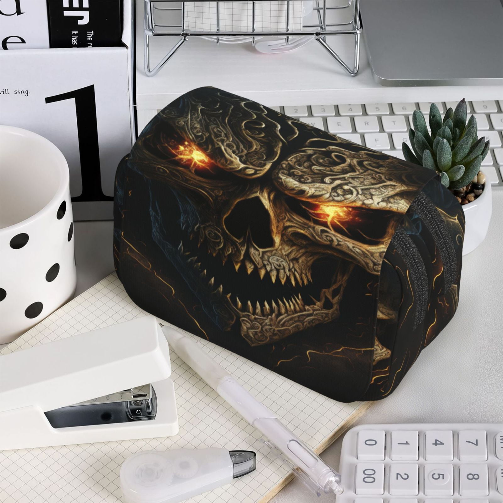 Rateoe Metal Evil Skull Pattern Double Clamshell Pen Case, Storage Organizer with Two Zipper Compartments– Holds Up to 50 Pencils & Pens
