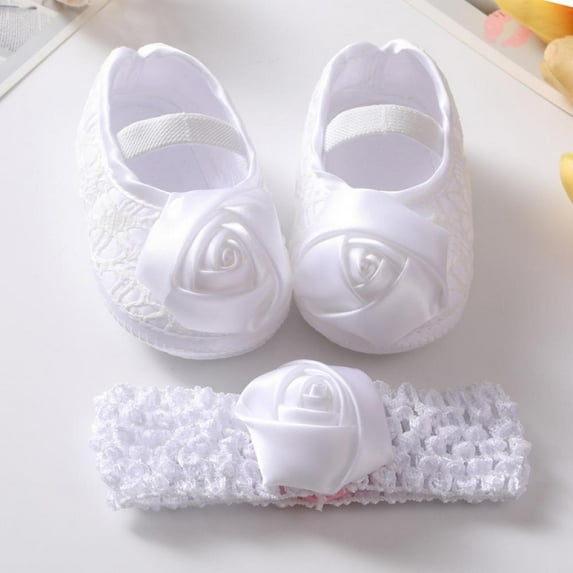 Baby Girls Soft Sole Floral Mary Jane FlatsToddler Soft Sole Walking Shoes Headband Set Infant Princess Prewalkers Toddler Wedding Dress Shoes with Headband
