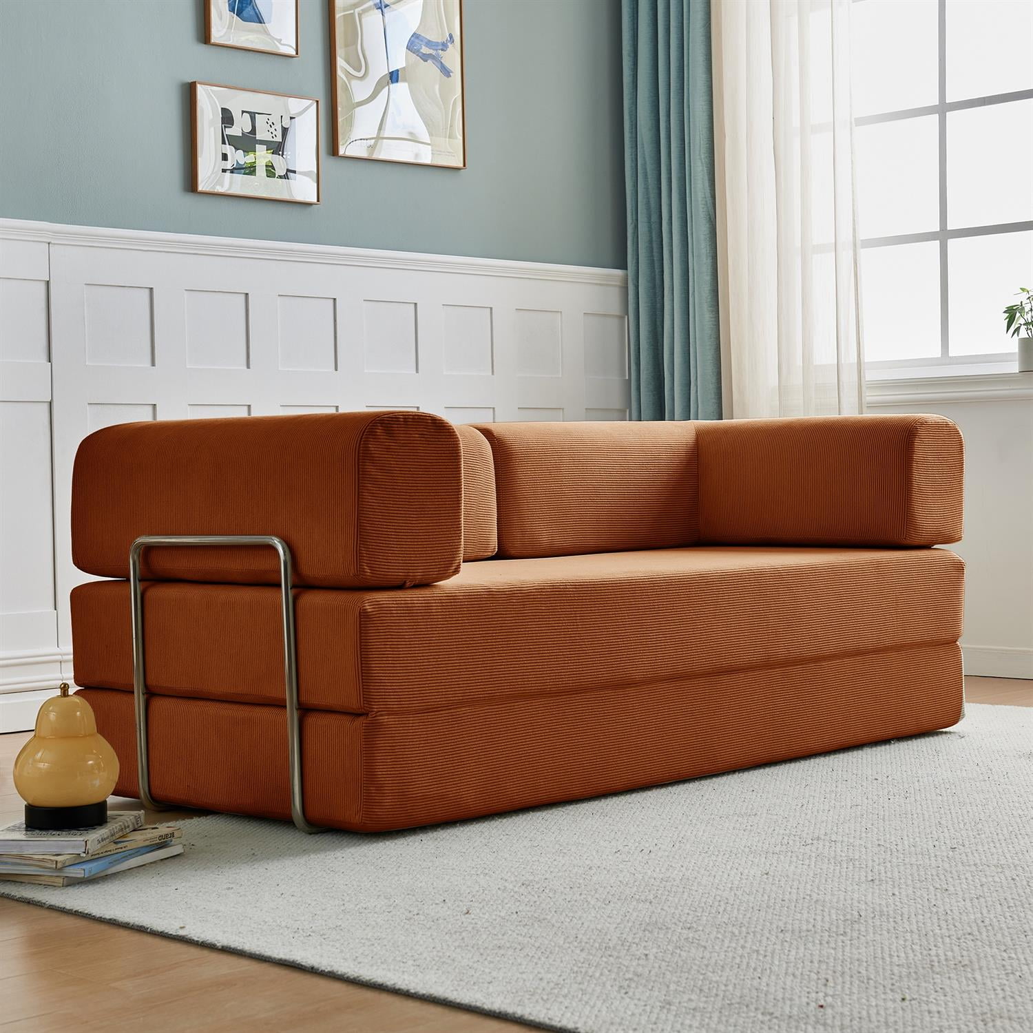 Demi Bonn 74" Ergonomic 3-Seater Corduroy Sofa Bed for Small Spaces, Apartments, Easy Assembly, Modern Couch Furniture for Living Rooms, Orange