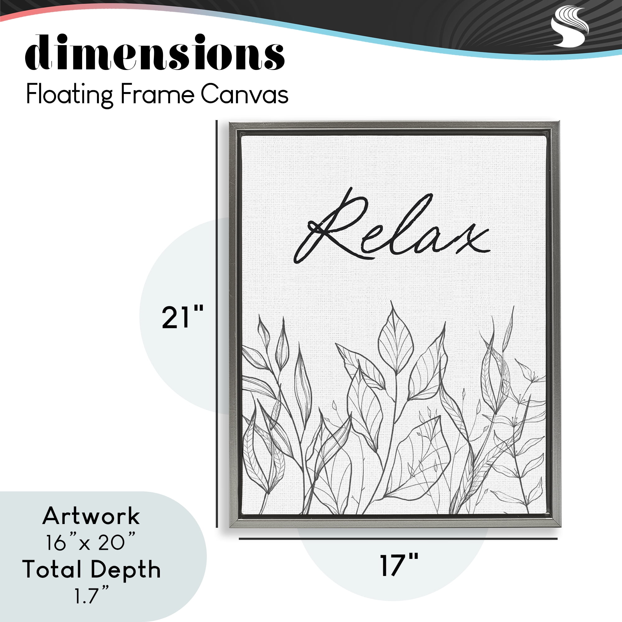 Relax with Leaf Outlines Gray Framed Floater Canvas Wall Art, design by Lettered and Lined