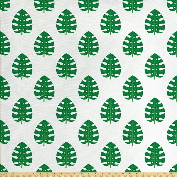Philodendron Fabric by the Yard, Monochrome Monstera Leaves Tropical Plants Rhythmic Simplistic Illustration, Upholstery Fabric for Dining Chairs Home Decor Accents, Green White by Ambesonne