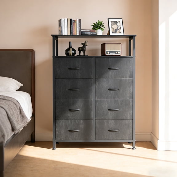 Charcoal Black 8-Drawer Tall Fabric Dresser with Open Shelves, Storage Tower Organizer for Bedroom Closet & Hallway