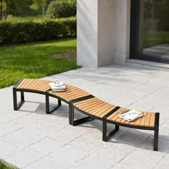 Topcobe Patio Curved Bench with Slatted Seat and Metal Legs-2 Pieces, Outdoor Patio Furniture for Porch Balcony Garden Backyard