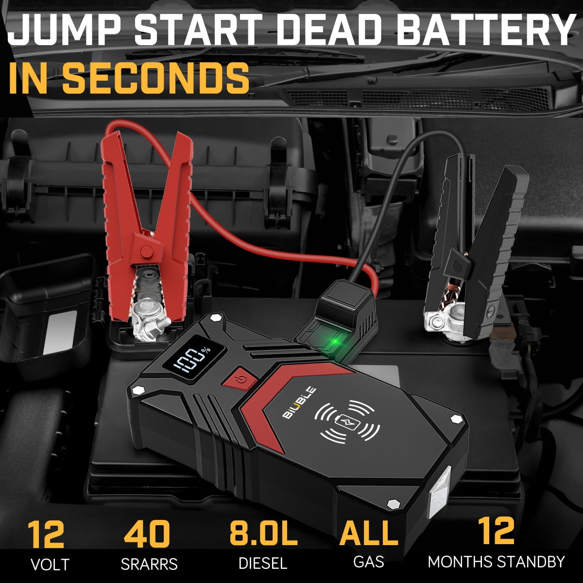 BIUBLE 5000A Car Jump Starter Battery Pack, 12V Battery Booster Charger with USB-C Quick Charger (All Gas/8.0L Diesel Engine), Portable Lithium Jump Box with LED Light & Wireless Charging