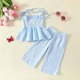 thumbnail image 2 of kpoplk Toddler Baby Girl Clothes Sleeveless Summer Outfit Smocked Strap Camisole Linen Pants Prety Spring Clothing Set Size 3-4 Years,Blue, 2 of 9