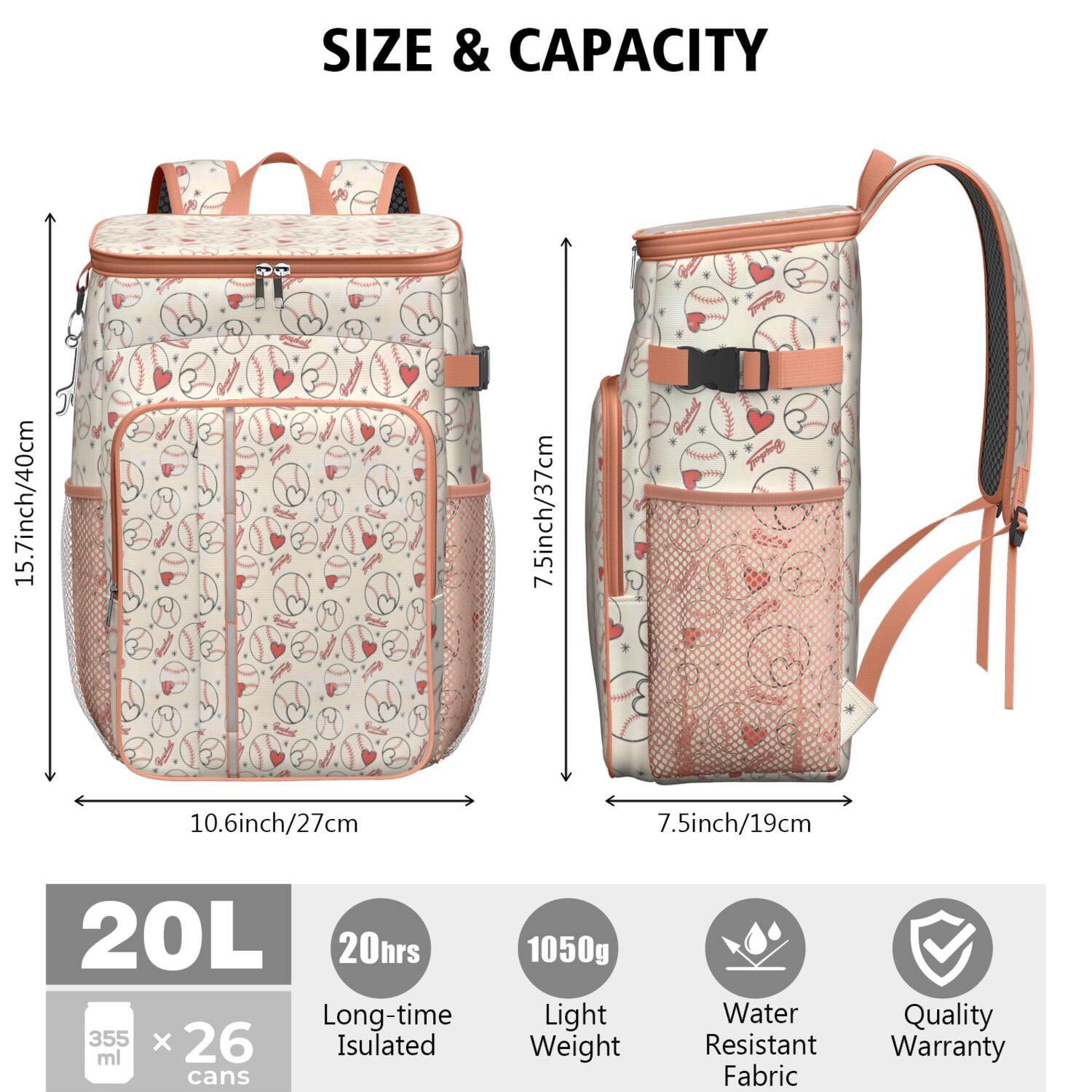 Travel Cooler Bag - Baseball Heart Pattern Camping Beer Cooler Backpack with Bottle Opener- Waterproof Insulated Picnic Backpacks - Cooler Bag for Beach