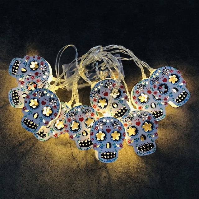 Fiudx Guirnalda de Luces de Calavera para Halloween, 10 Luces Led, Diseño Único de Cable Transparente, Decoración Navideña, Casa Embrujada, Ambiente Festivo, 165 Cm de Largo, Sin Pilas.