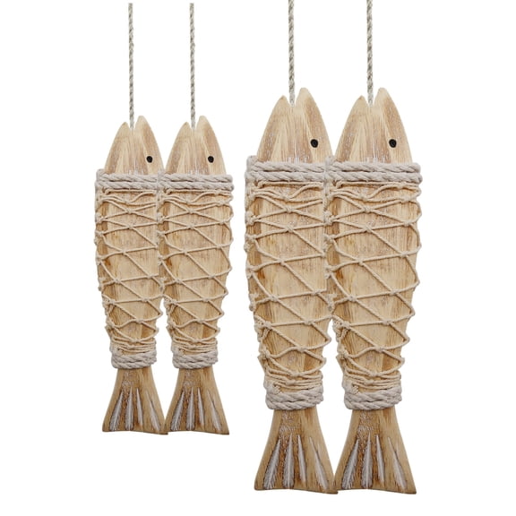 2 Set Wooden Fish Hanging Ornament Rustic Nautical Wall Decor for Bathroom Lake House Bedroom