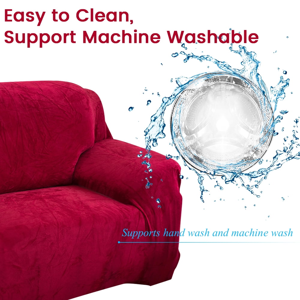 CJC Plush Sofa Covers Stretch Solid Thick Slipcover for 1-Seater Velvet Easy Fit Non-Slip Furniture, Wine Red