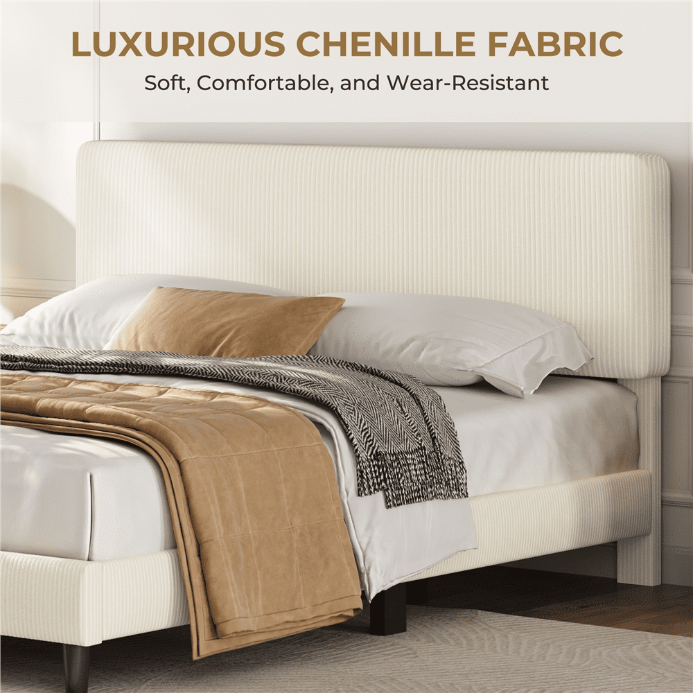 Renwick Upholstered Bed Frame with Wooden Slat Support, King, Beige