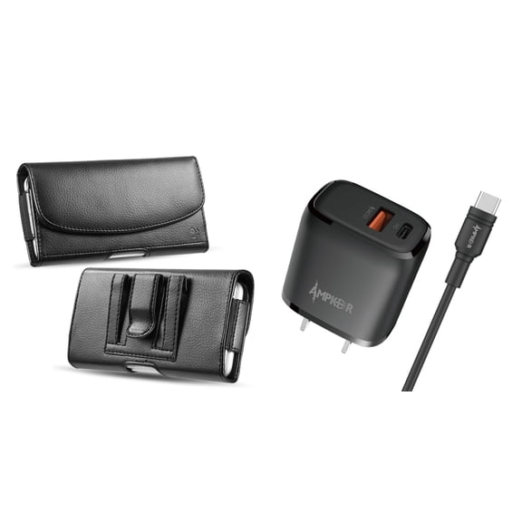 Holster and Wall Charger Bundle for REVVL 6 5G: Professional PU Leather Belt Pouch Case (Black) and 38W Dual Port (Power Delivery PD Type-C and USB-A) Power Adapter