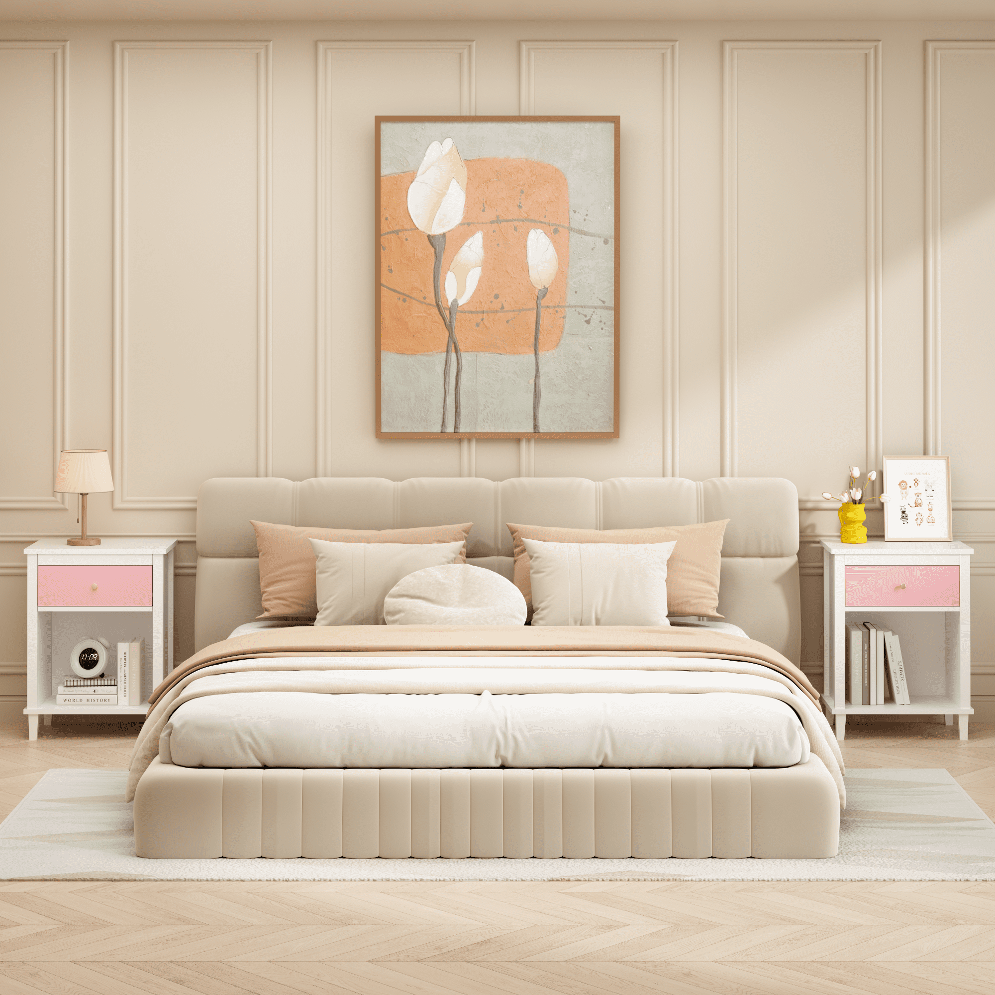 Wooden Nightstand with Drawer & Open Shelf, Pink + White with Golden Handle, Kids Bedside Table for Bedroom