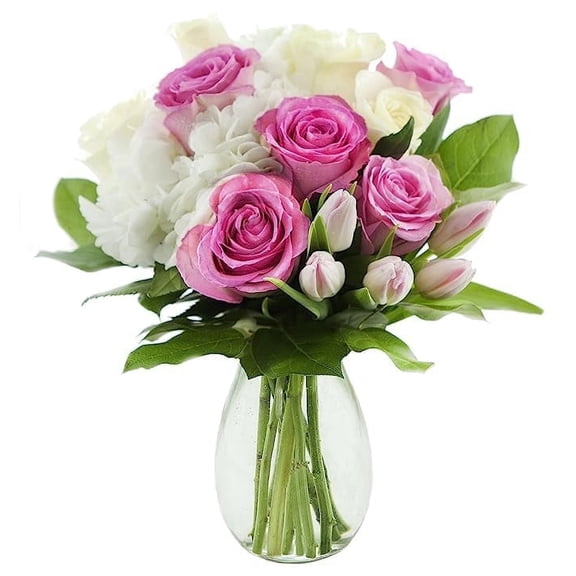 KaBloom : Bouquet of Fresh 5 Pink Rose 5 White Rose 5 Pink Tulips 1 White Hydrangeas with Greens and with Vase, Next-Day Delivery