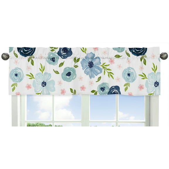 Blue and Pink Floral Window Treatment Valance - Blush, vy, Green and White Shabby Chic Watercolor Rose Flower by Sweet Jojo Designs
