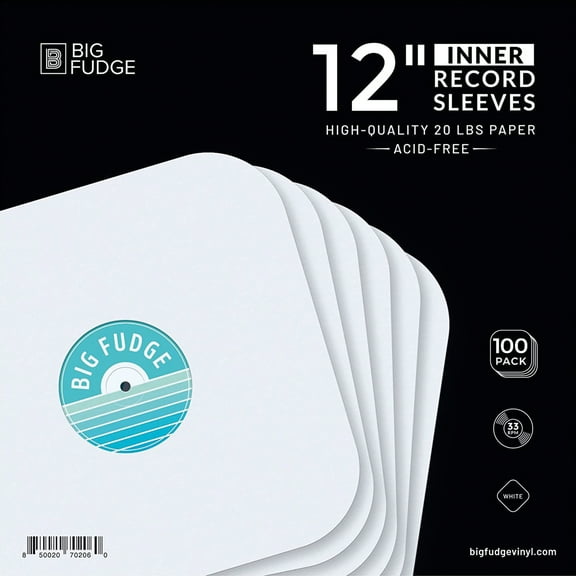 Big Fudge Vinyl Record Inner Sleeves Storage Bright White Heavyweight & Acid-Free Paper 12” 100 Pack