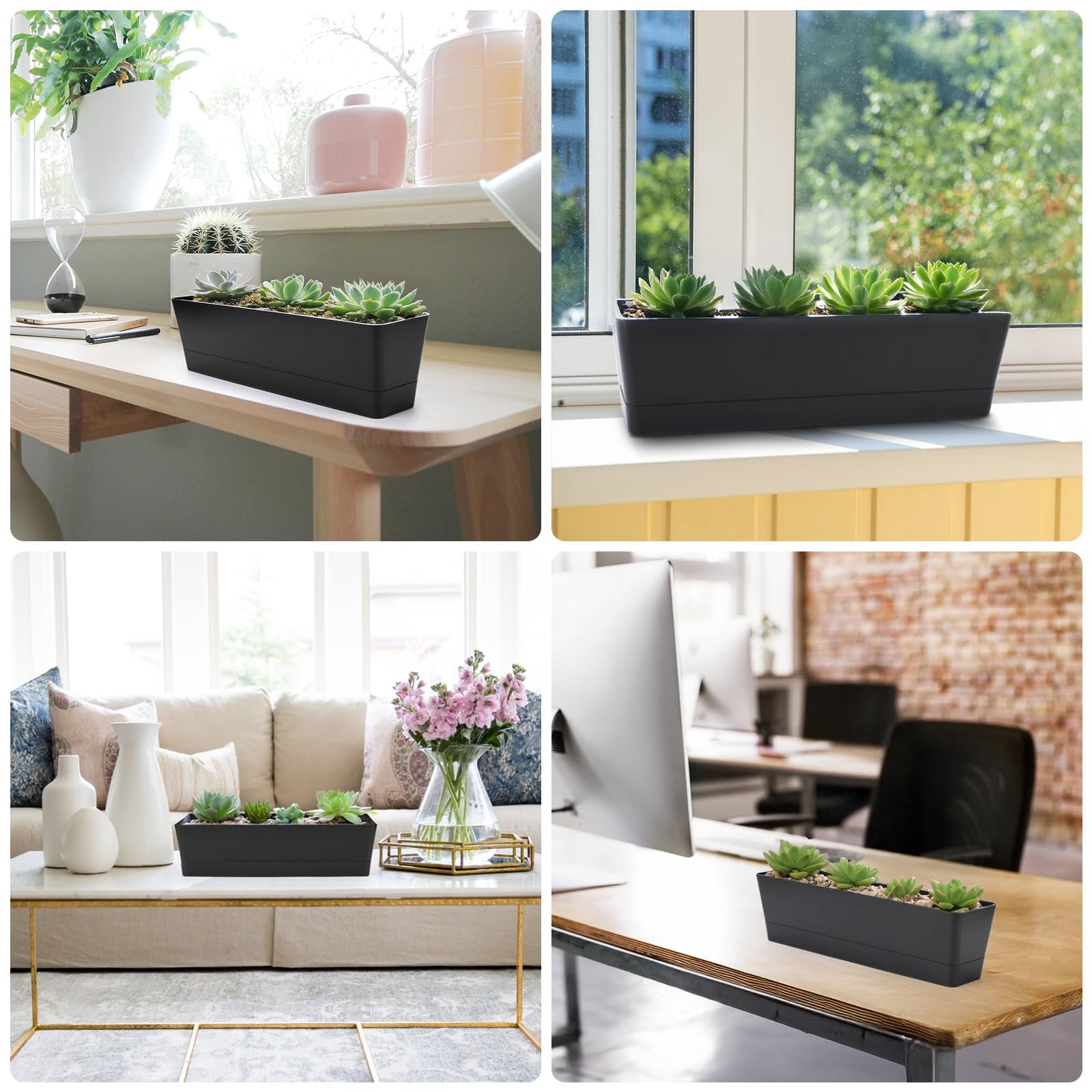 12x3.8 Inch Herb Planters with Tray, Rectangle Window Boxes for Indoor Succulent Cactus, Mint, Windowsill, Balcony, Office, Outdoor Garden Pots Black