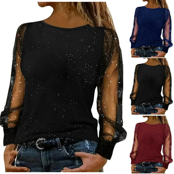 RKSTN Sequin Shirts for Women Oversized Crewneck Sparkly Glitter Mesh Long Sleeve T Shirts Tops Womens Casual Solid Plus Size Round Neck Loose Comfy Cozy Tee Blouses Party Club Night Festive Shirt