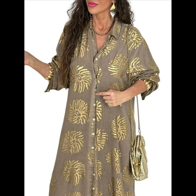 Vestido Bohemio con Estampado Floral para Mujer, Escote en V Profundo, Abertura Lateral, Corta, Corte A, Holgado Caqui L