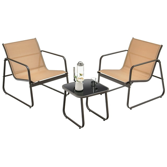Gymax Ensemble de Conversation 3 Pcs Chaise et Table d'Extérieur en Métal Dessus en Verre Trempé pour Patio