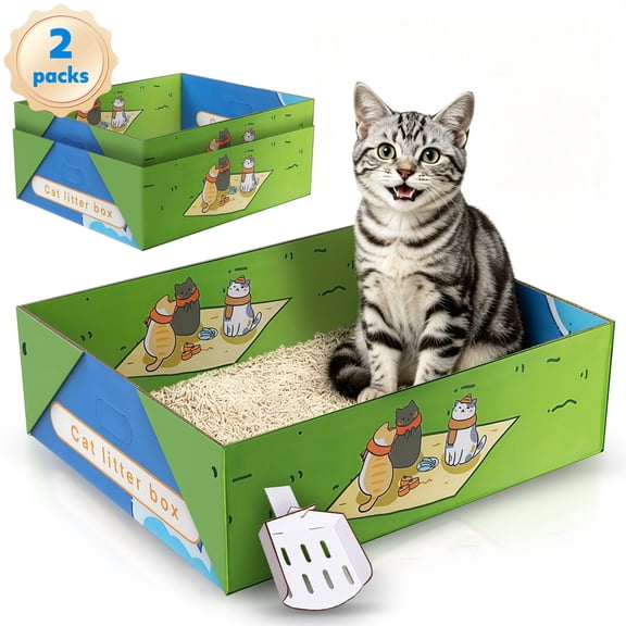 Hutact 2 Pack Disposable Cat Litter Box, 19" Extra Large Portable Litter Pan for Large Cats Foldable Litter Box Leak-Proof Cat Potty 2 Litter Scoops for Travel Use
