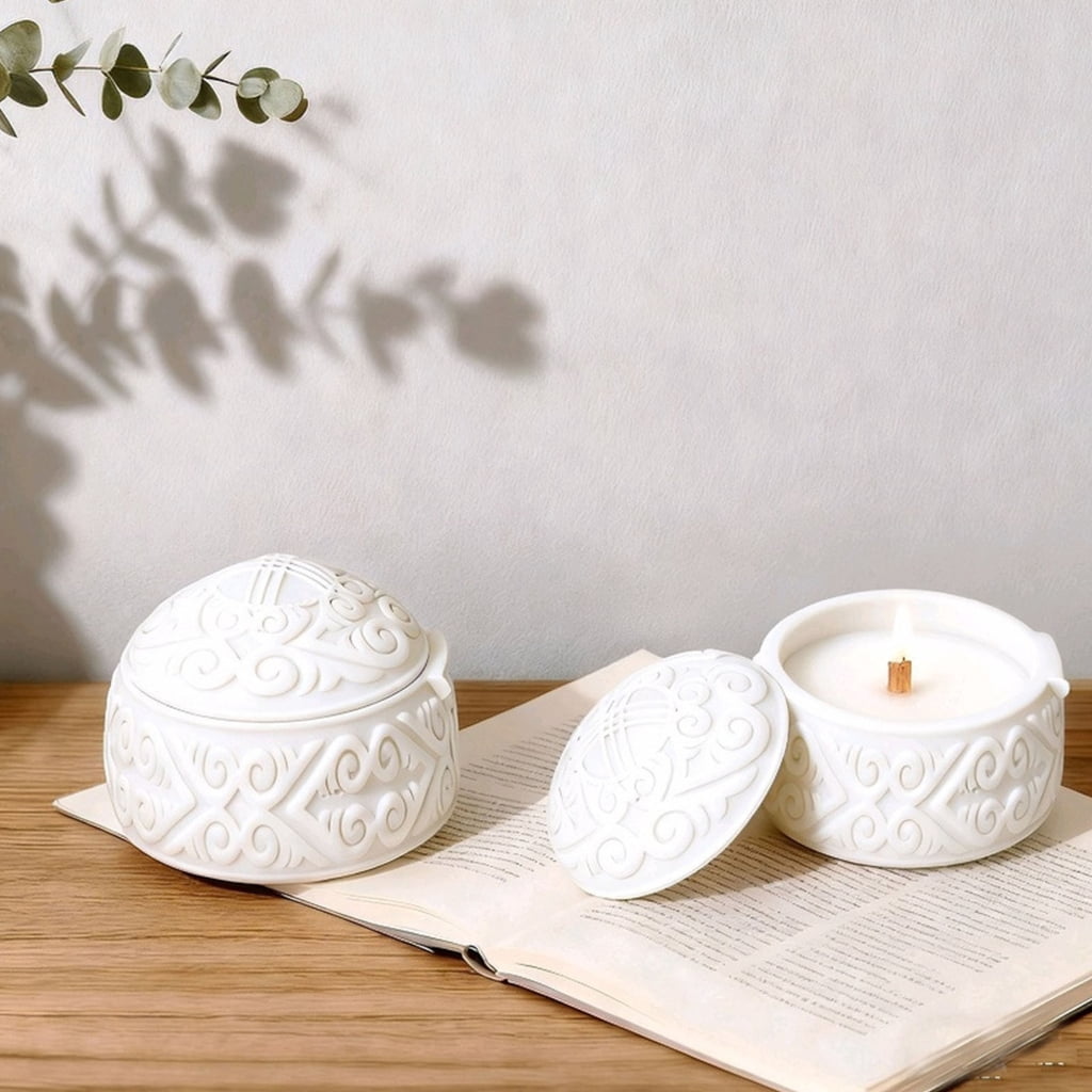 Geemin Embossed Resin Jar Molds with Lid Multipurpose Silicone Candle Mould for Candle Cup Jewelry Case Holiday Decoration