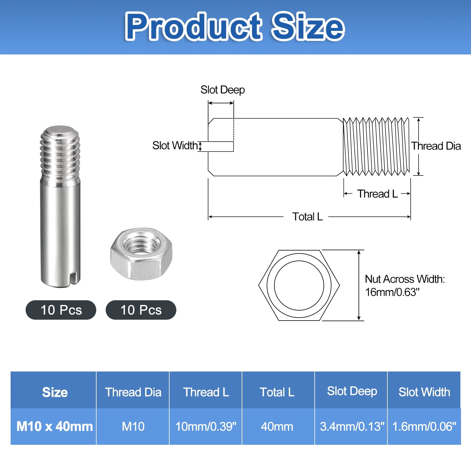 10Pack Slotted Cylindrical Pin, M10 x 40mm 304 Stainless Steel Dowel with Nut